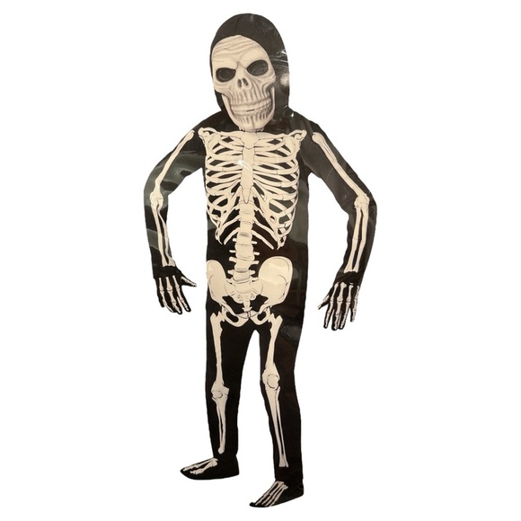 Spirit Glow In Dark Skeleton Child M 8-10 Halloween Costume Hooded Jumpsuit Mask - Picture 3 of 7